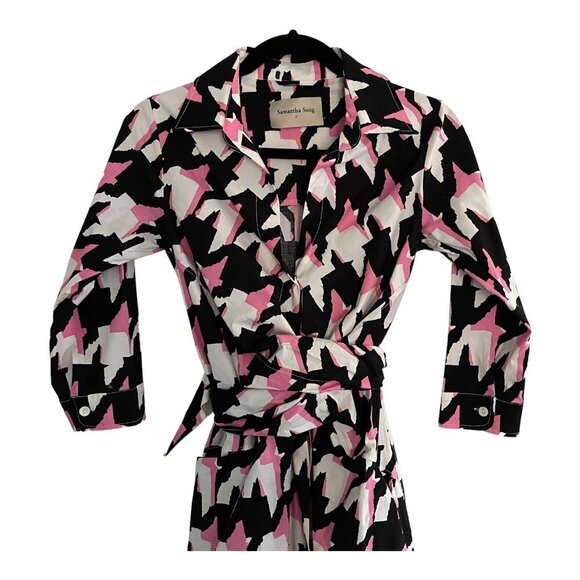Samantha Sung Pink Black Houndstooth Print Shirt Dress Wrap Belt Pockets Size S - Picture 4 of 11